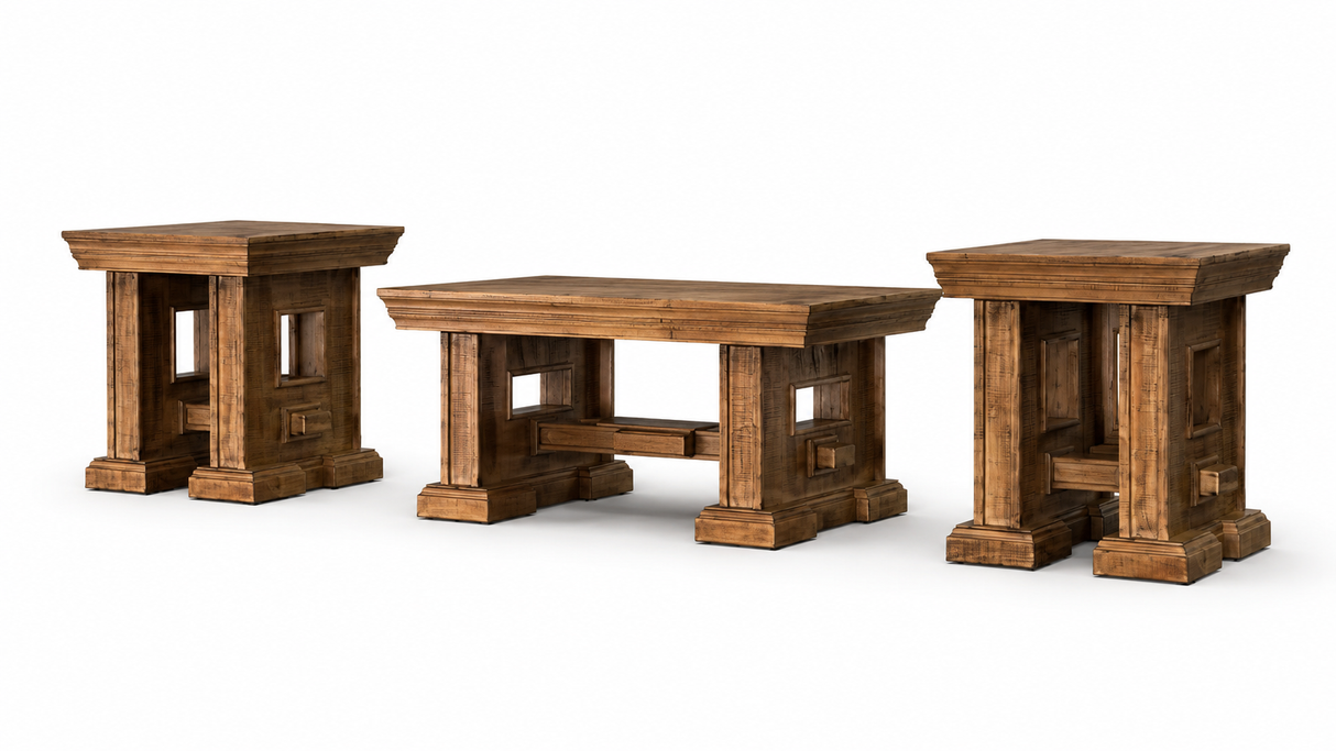 Rustic Brown Farmhouse 3-Piece Coffee Table Set with Pedestal Design