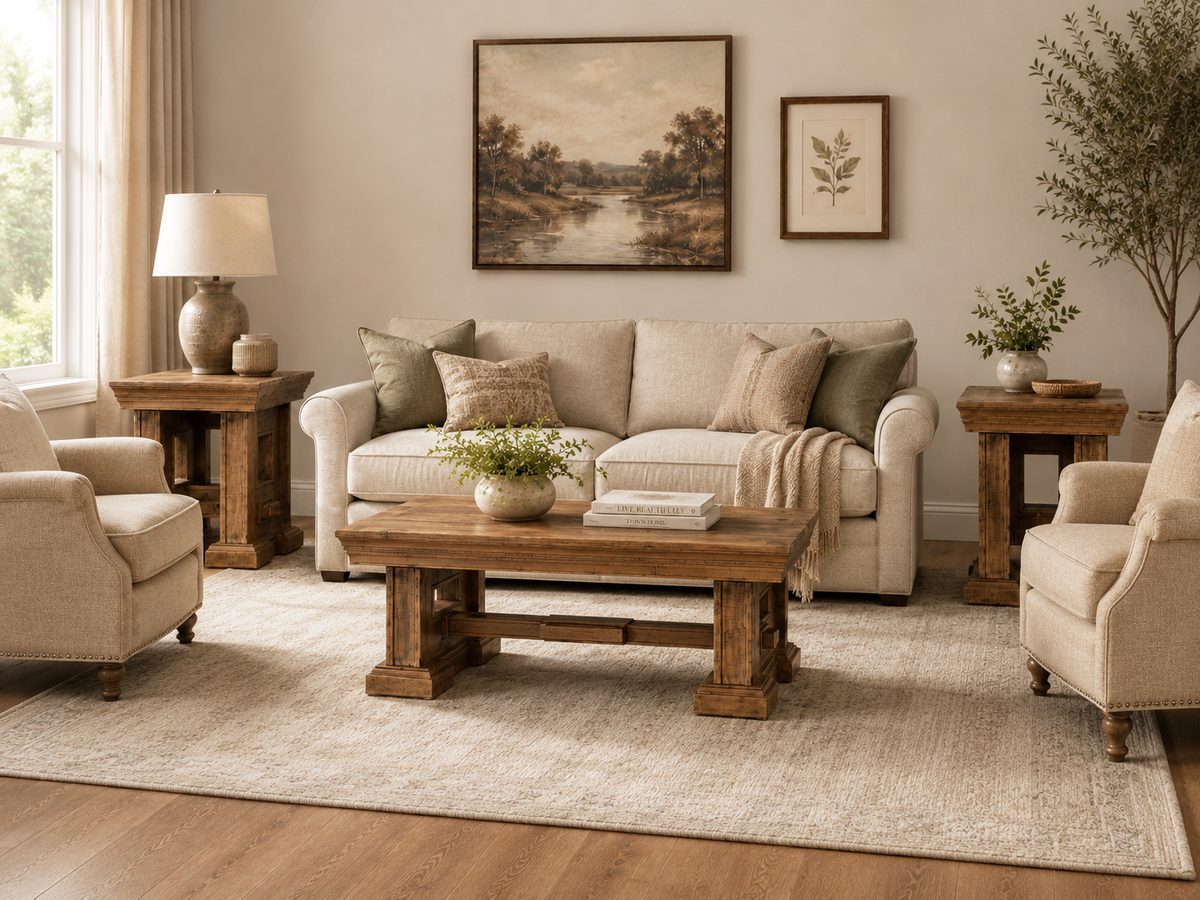 Rustic Brown Farmhouse 3-Piece Coffee Table Set with Pedestal Design