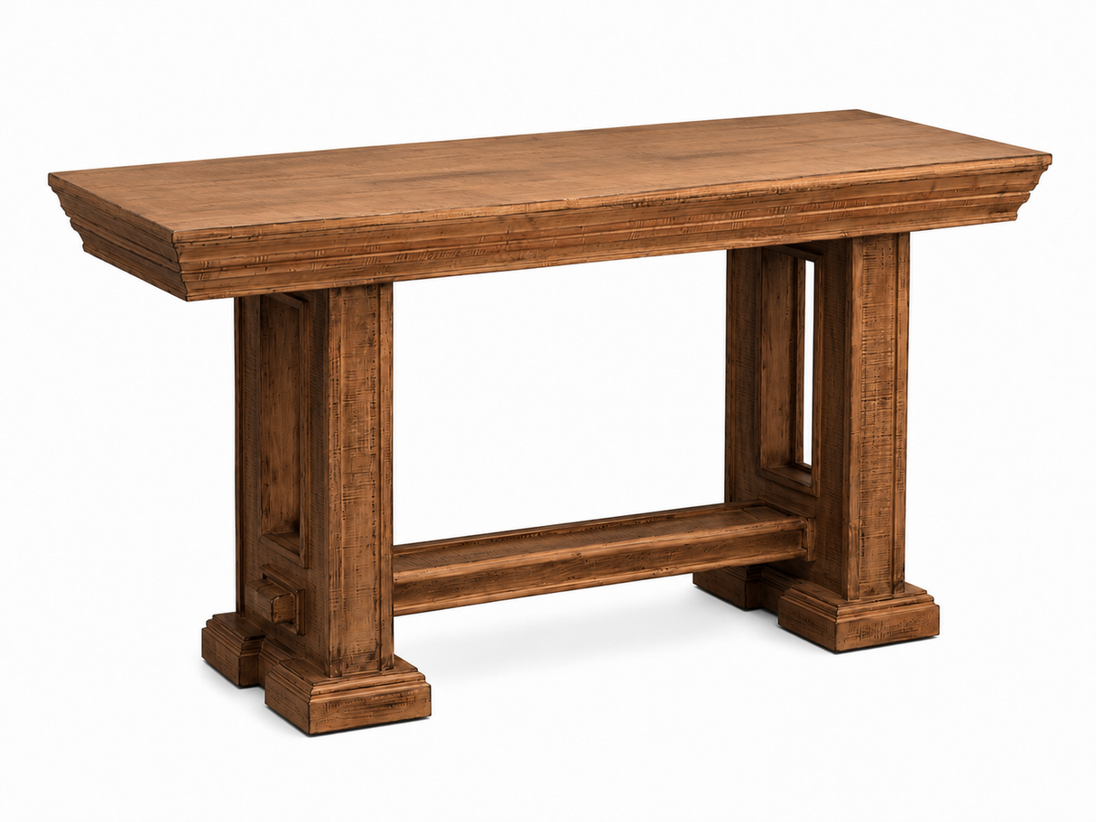 Rustic Brown Farmhouse Sofa Table with Pedestal Base Design