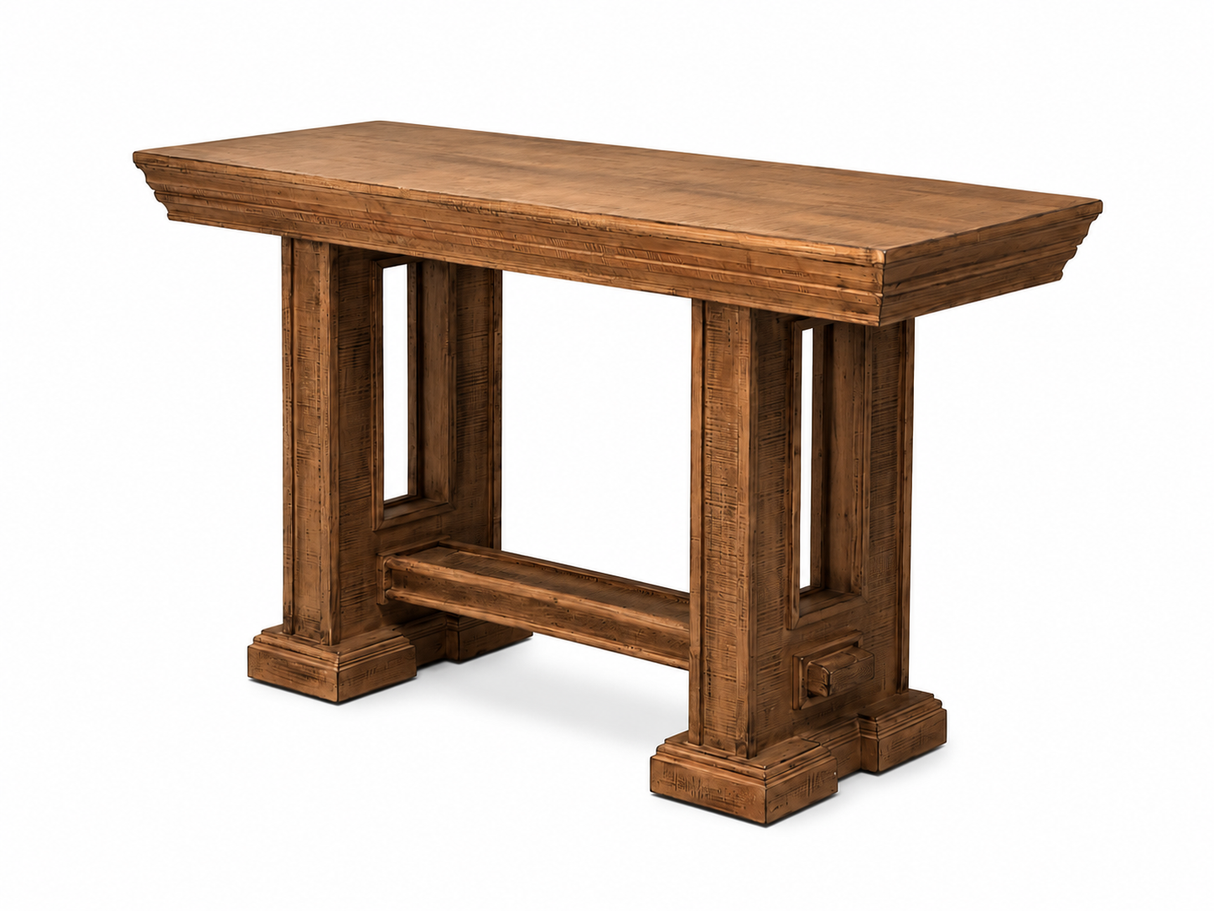 Rustic Brown Farmhouse Sofa Table with Pedestal Base Design