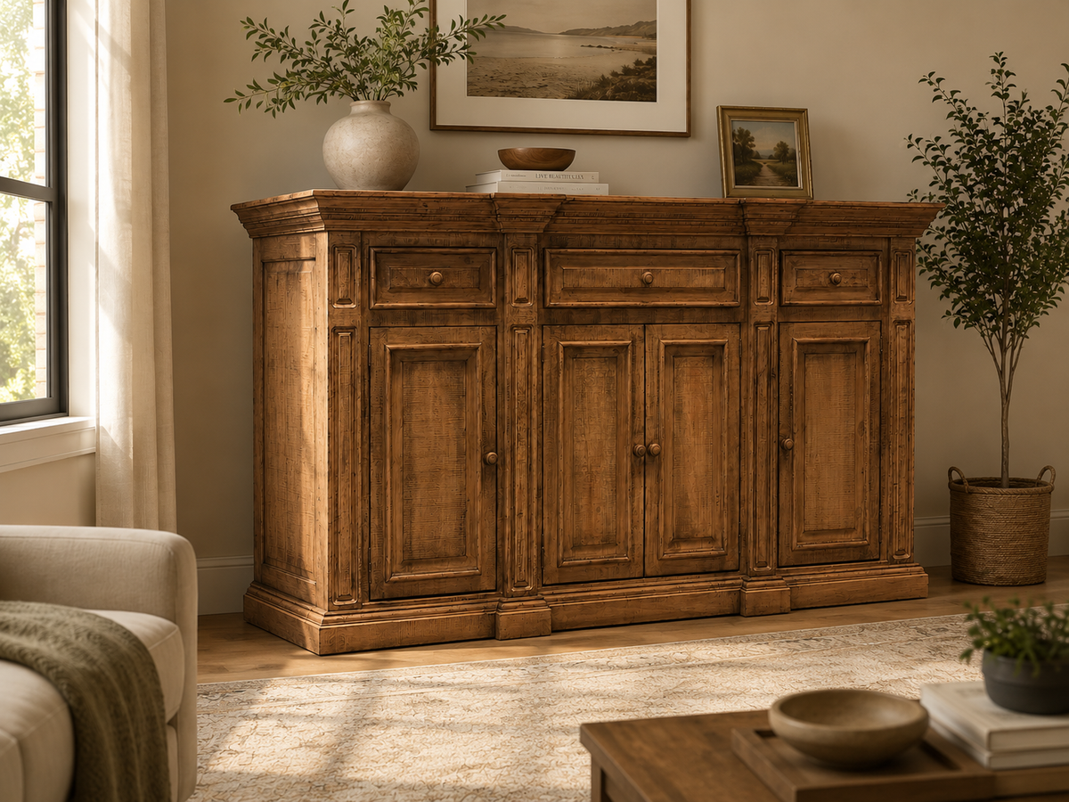 Rustic Solid Wood 75" Buffet Server in Distressed Honey Brown