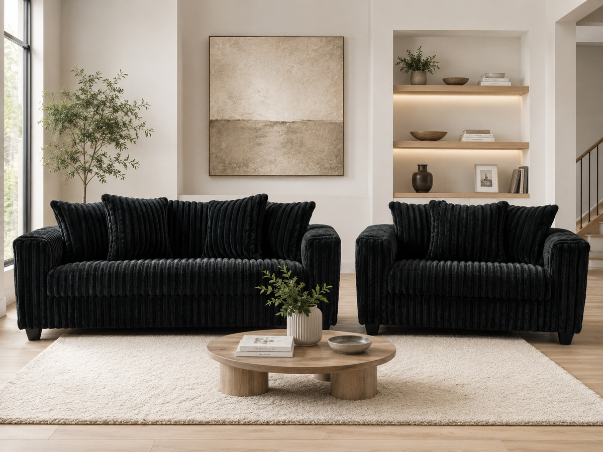 Contemporary Black Corduroy Fabric 2-Piece Sofa and Loveseat Set