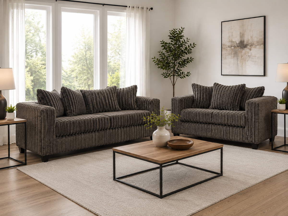 Contemporary Chocolate Corduroy Fabric 2-Piece Sofa and Loveseat Set