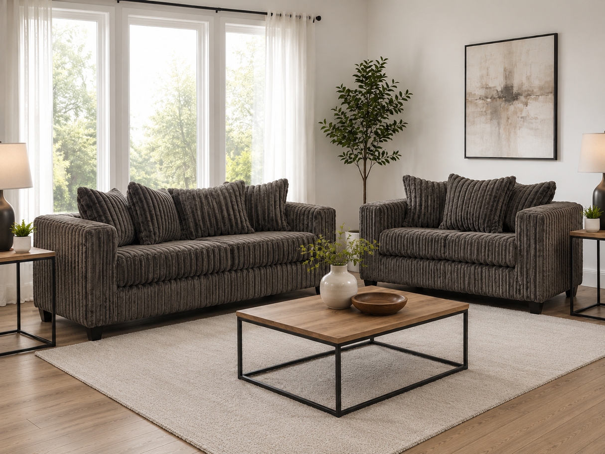 Contemporary Chocolate Corduroy Fabric 2-Piece Sofa and Loveseat Set