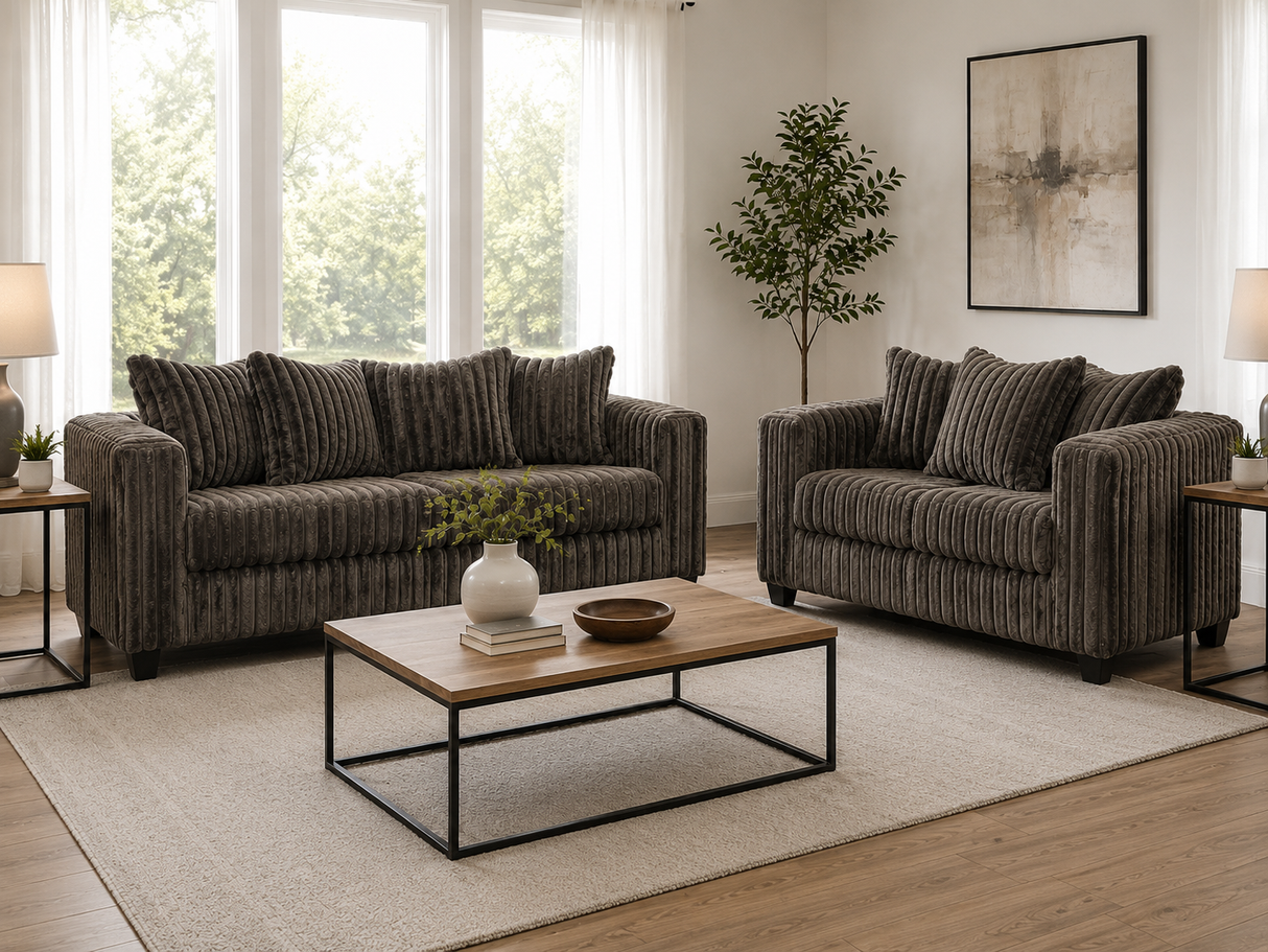 Contemporary Chocolate Corduroy Fabric 2-Piece Sofa and Loveseat Set
