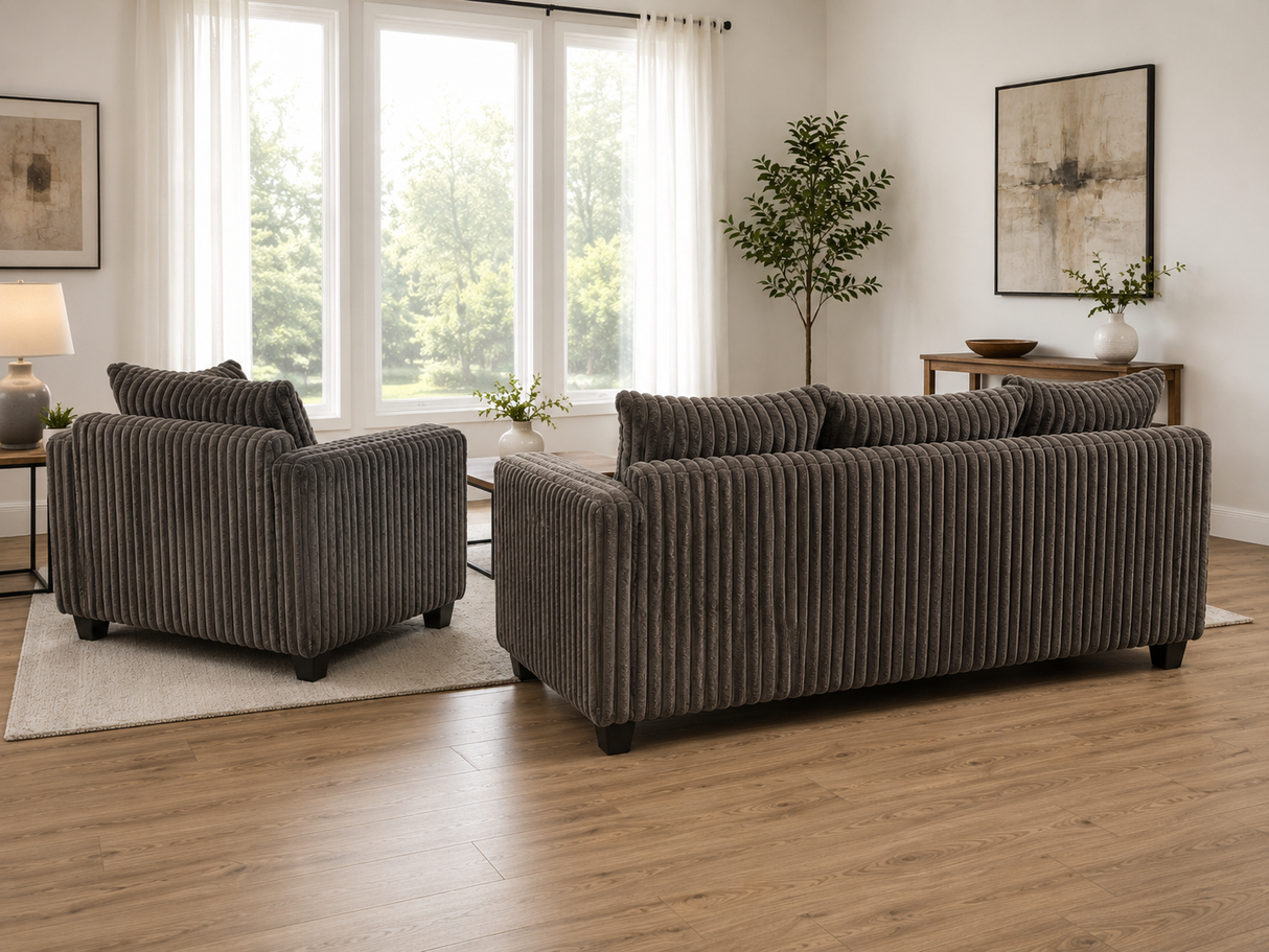 Contemporary Chocolate Corduroy Fabric 2-Piece Sofa and Loveseat Set