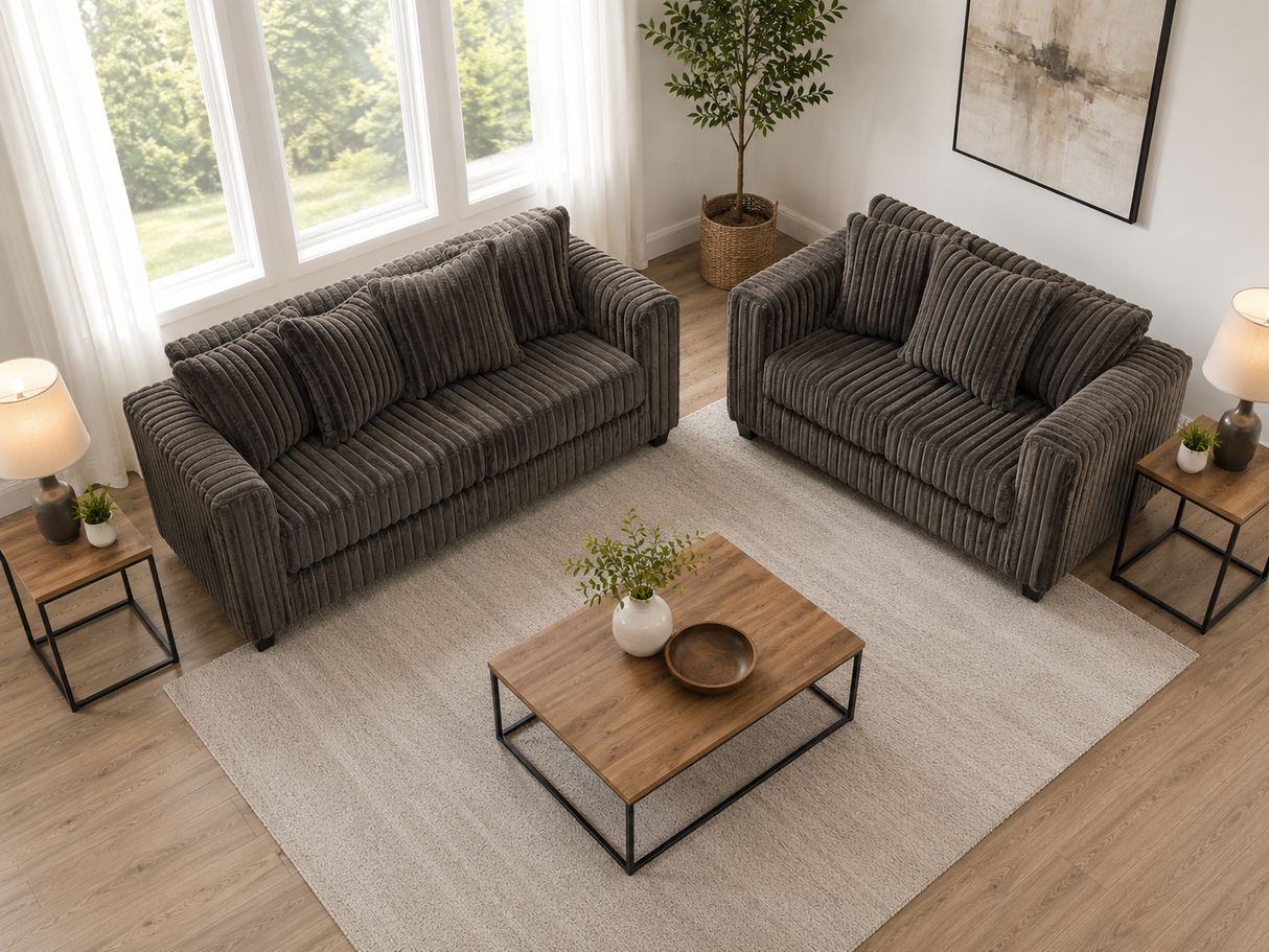 Contemporary Chocolate Corduroy Fabric 2-Piece Sofa and Loveseat Set