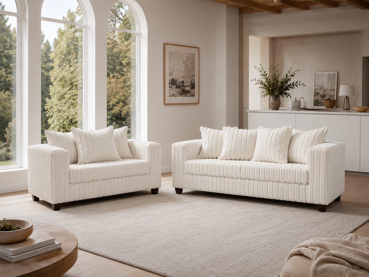 Modern Cream Ribbed Plush Fabric 2-Piece Sofa and Loveseat Set