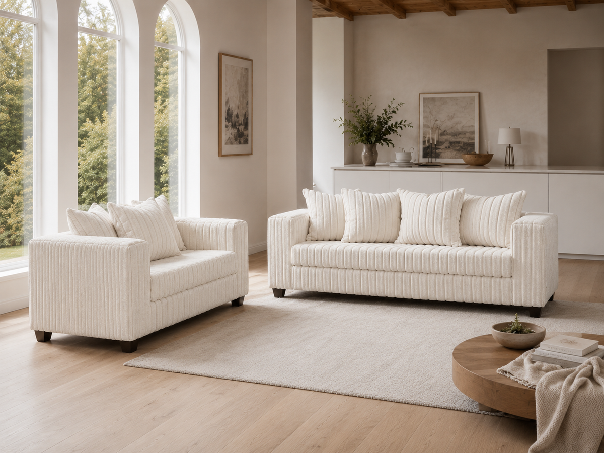 Modern Cream Ribbed Plush Fabric 2-Piece Sofa and Loveseat Set