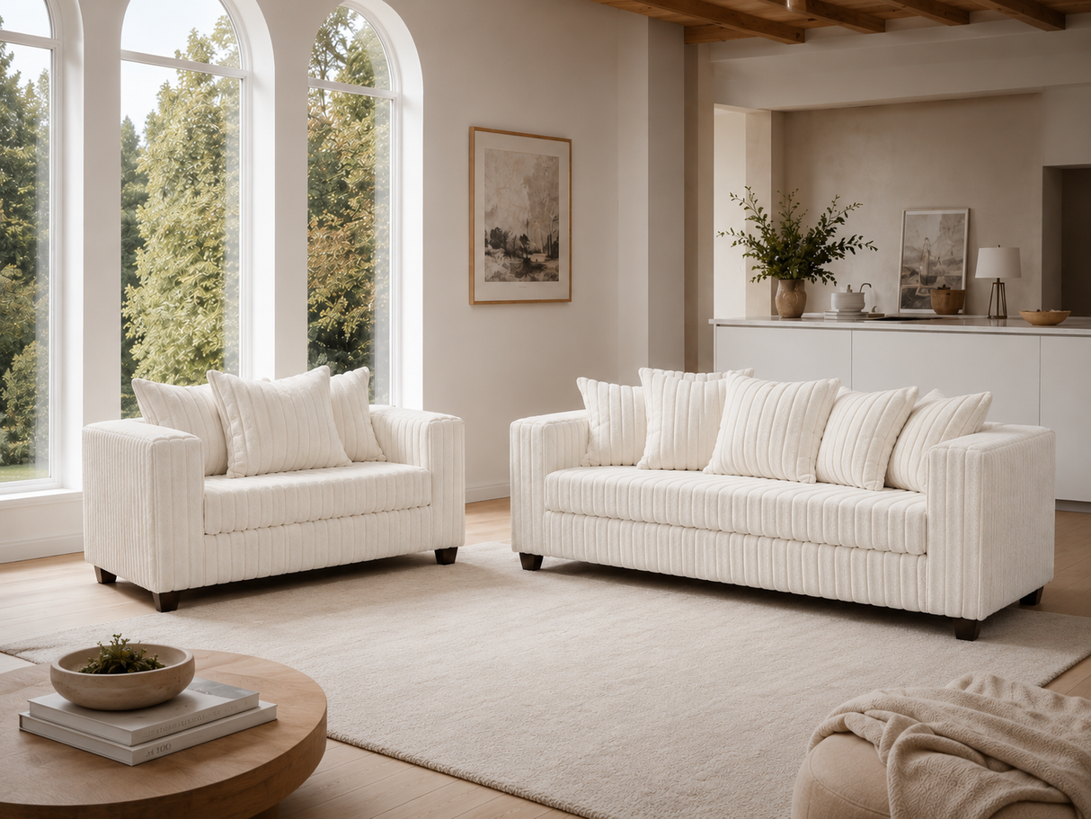 Modern Cream Ribbed Plush Fabric 2-Piece Sofa and Loveseat Set