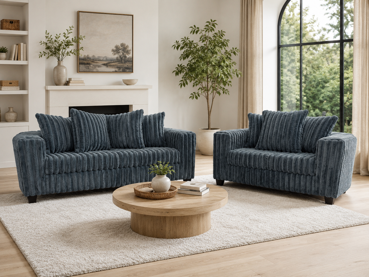 Modern Charcoal Ribbed Plush Fabric 2-Pc Sofa and Loveseat Set | BEL