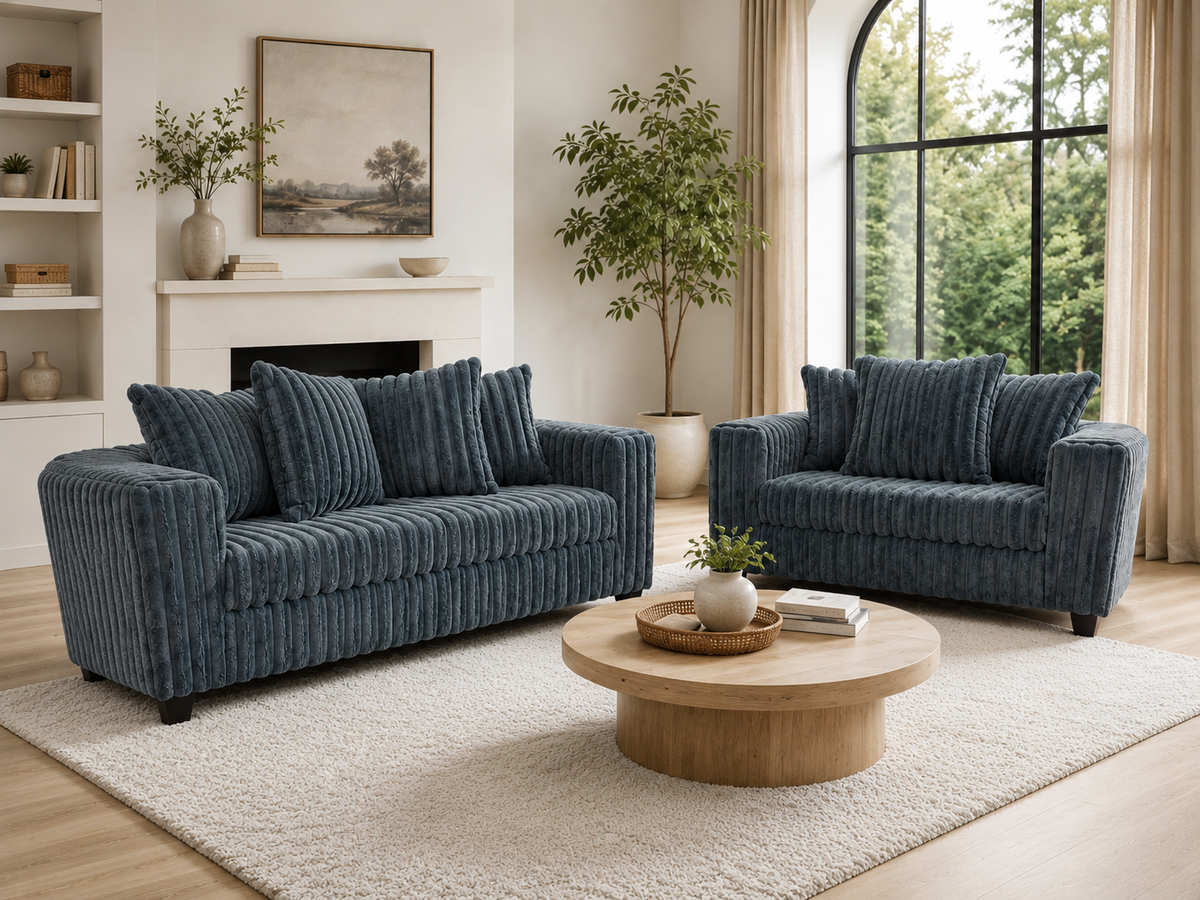 Modern Charcoal Ribbed Plush Fabric 2-Piece Sofa and Loveseat Set