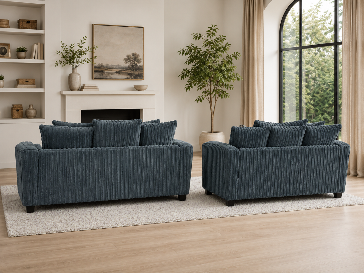 Modern Charcoal Ribbed Plush Fabric 2-Piece Sofa and Loveseat Set