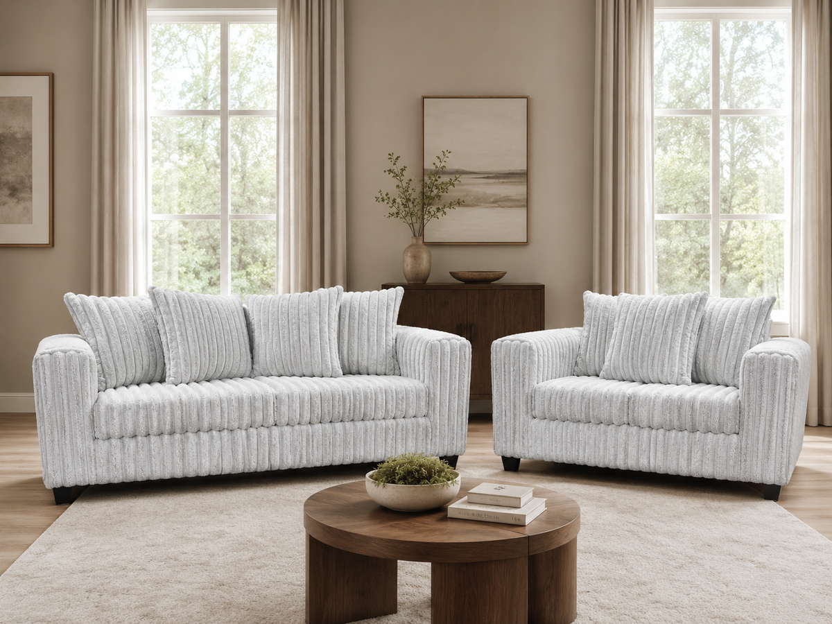 Modern Light Gray Ribbed Plush Fabric 2-Piece Sofa and Loveseat Set