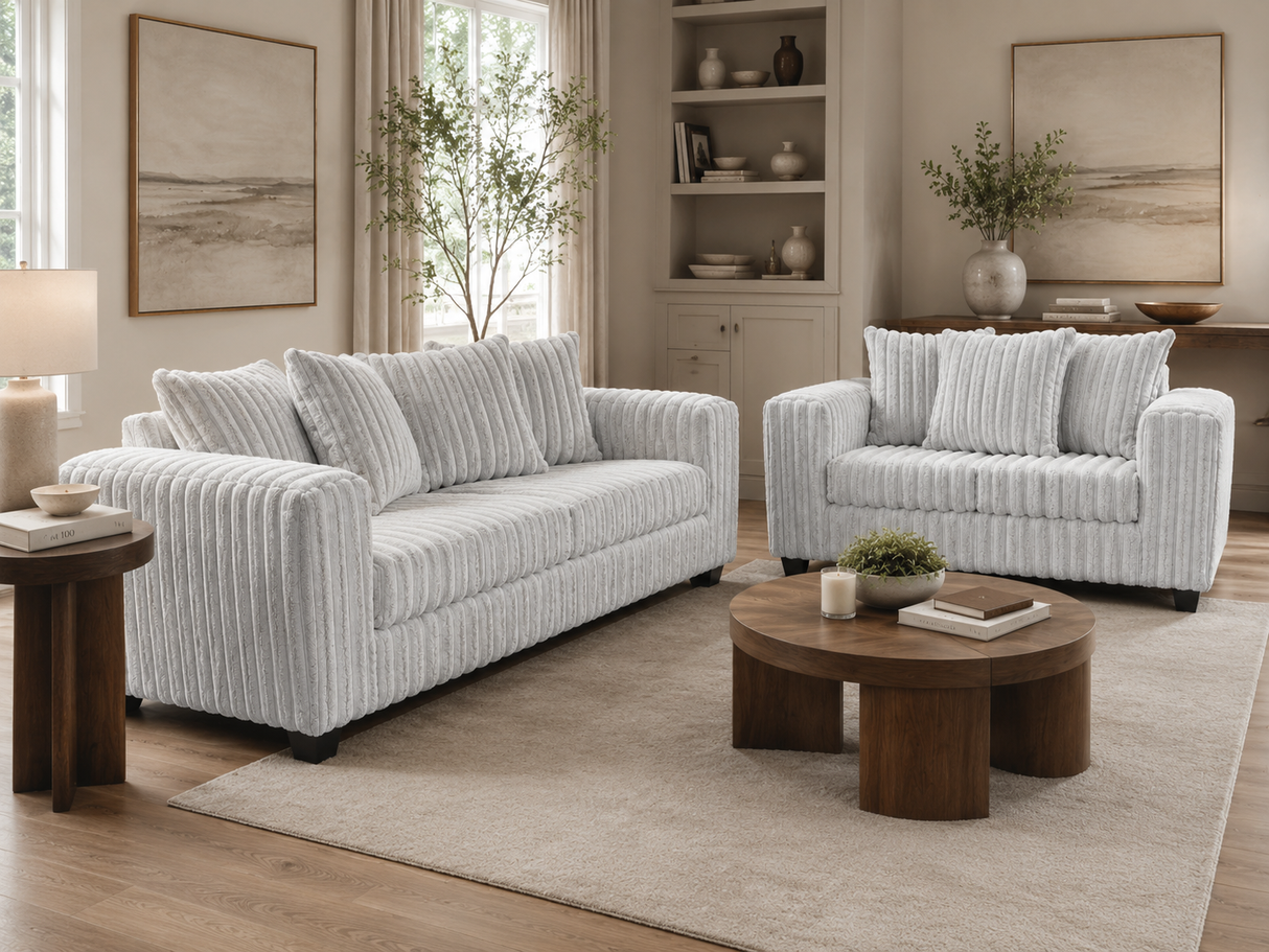 Modern Light Gray Ribbed Plush Fabric 2-Piece Sofa and Loveseat Set