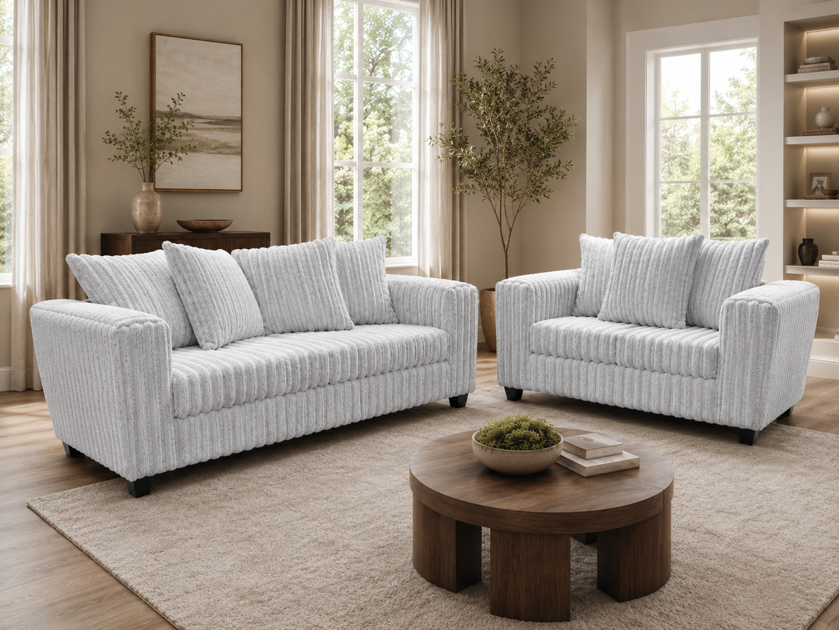 Modern Light Gray Ribbed Plush Fabric 2-Piece Sofa and Loveseat Set