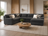 Contemporary Charcoal Corduroy L-Shaped Sectional Sofa with Oversized Chaise, Deep Seating & Ribbed Plush Design
