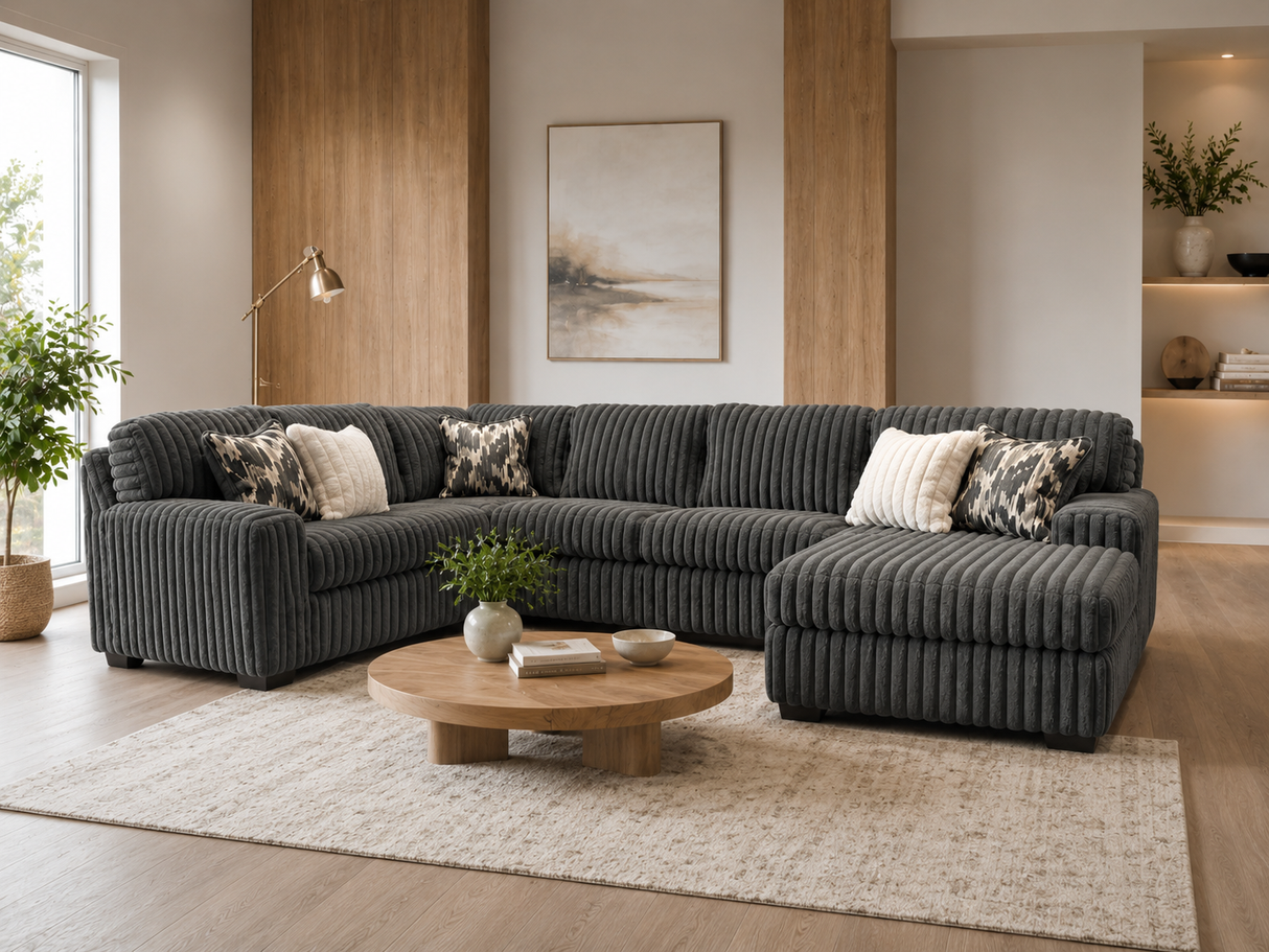 Contemporary Charcoal Corduroy L-Shaped Sectional Sofa with Oversized Chaise, Deep Seating & Ribbed Plush Design