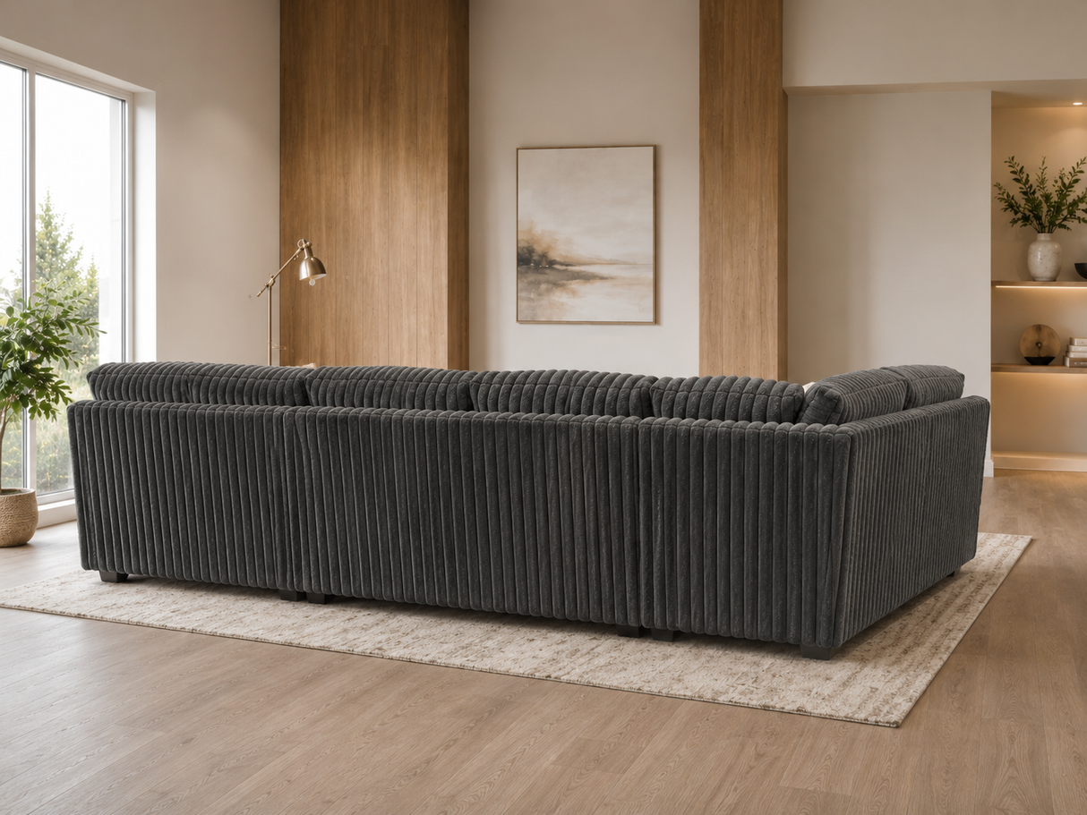 Contemporary Charcoal Corduroy L-Shaped Sectional Sofa with Oversized Chaise, Deep Seating & Ribbed Plush Design