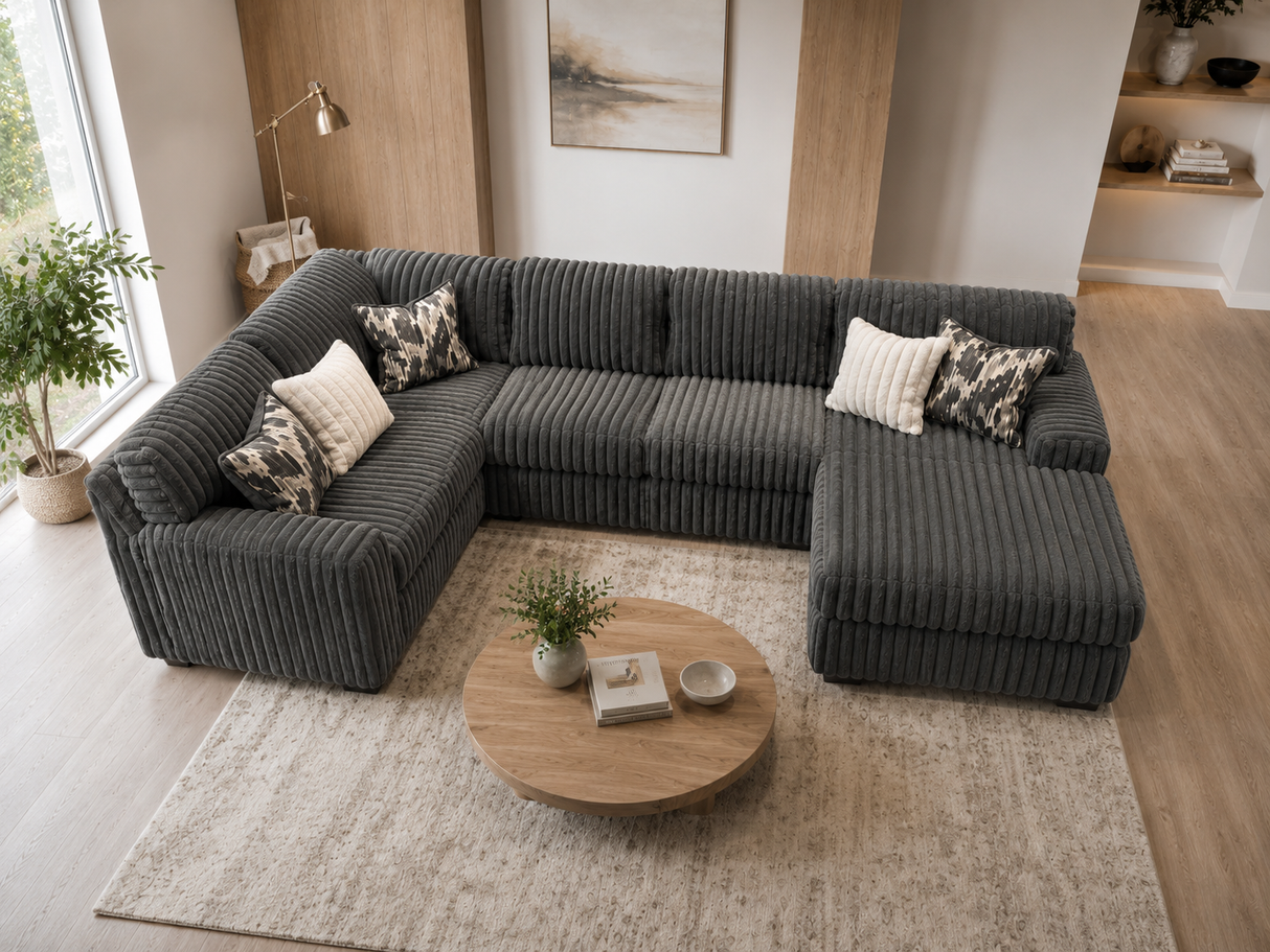 Contemporary Charcoal Corduroy L-Shaped Sectional Sofa with Oversized Chaise, Deep Seating & Ribbed Plush Design