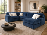 Contemporary Navy Blue Corduroy L-Shaped Sectional Sofa with Oversized Chaise, Deep Seating & Ribbed Plush Design