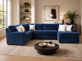 Contemporary Navy Blue Corduroy L-Shaped Sectional Sofa with Oversized Chaise, Deep Seating & Ribbed Plush Design
