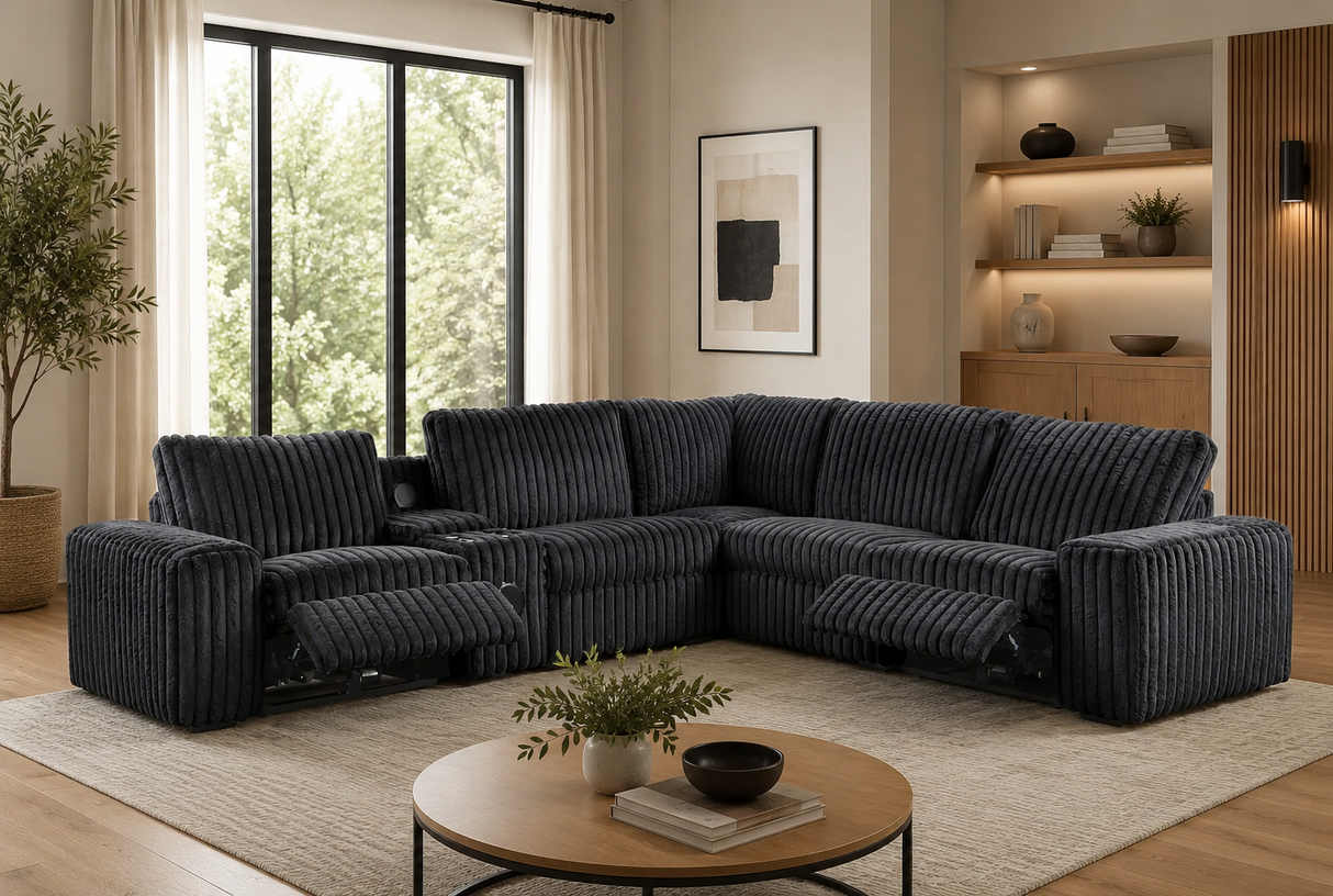 Amelia Onyx Corduroy Fabric Power Reclining Sectional with Storage Console & Bluetooth Speakers