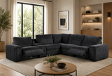 Amelia Onyx Corduroy Fabric Power Reclining Sectional with Storage Console & Bluetooth Speakers