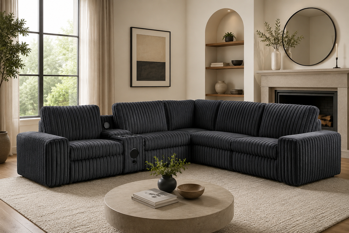 Amelia Onyx Corduroy Fabric Power Reclining Sectional with Storage Console & Bluetooth Speakers
