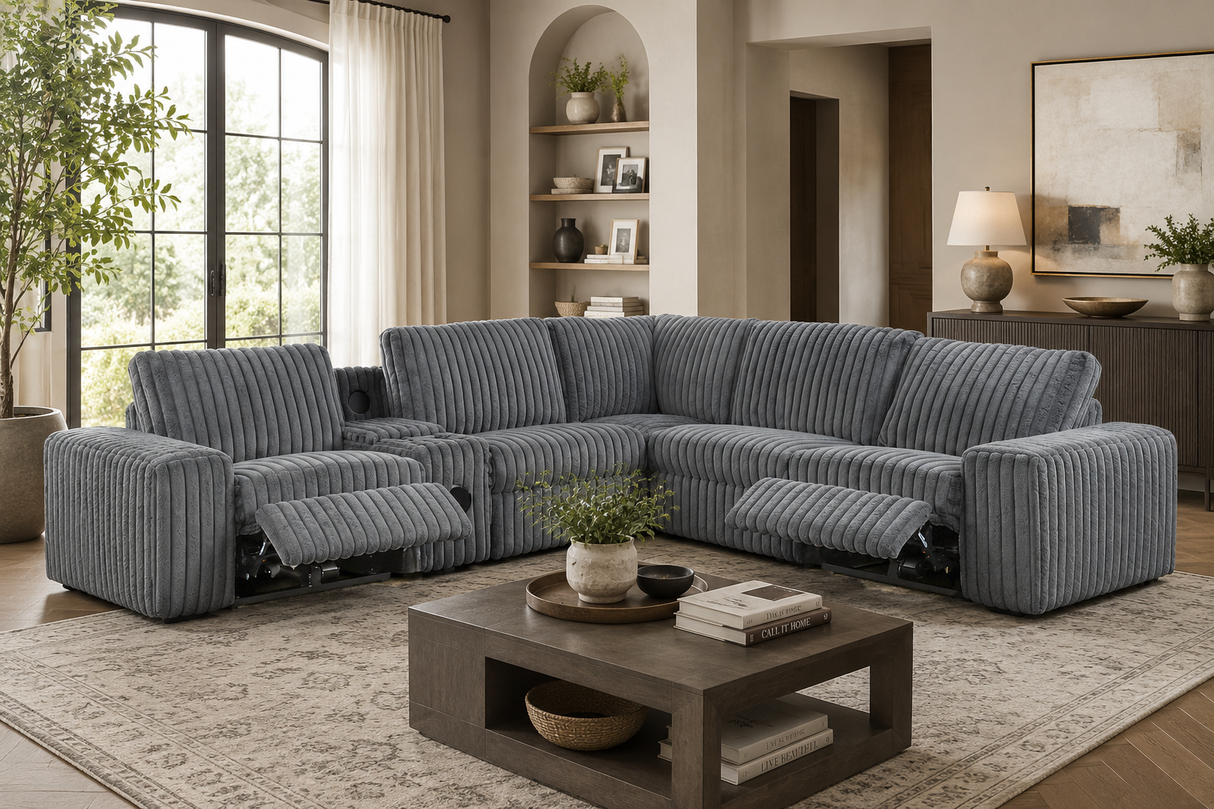 Amelia Charcoal Corduroy Fabric Power Reclining Sectional with Storage Console & Bluetooth Speakers