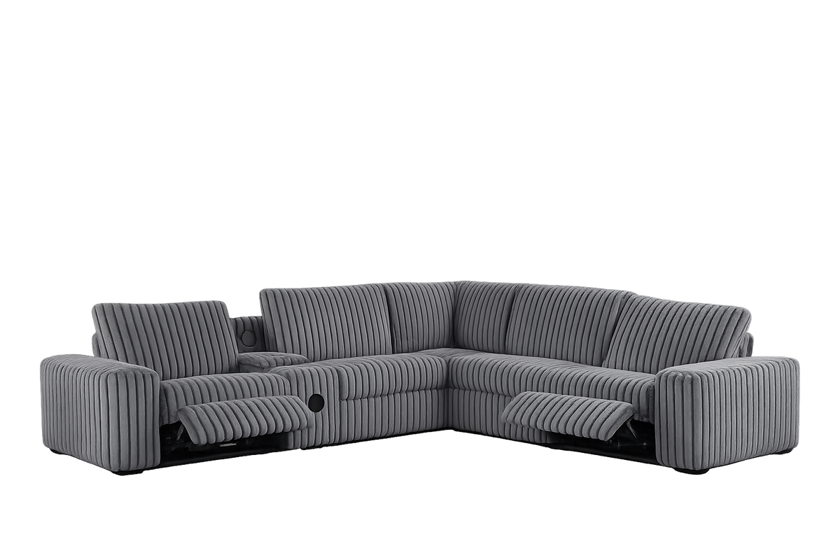 Amelia Charcoal Corduroy Fabric Power Reclining Sectional with Storage Console & Bluetooth Speakers