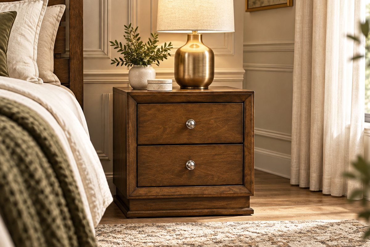 Dark Oak Brown 2-Drawer Nightstand with Antique Silver Hardware