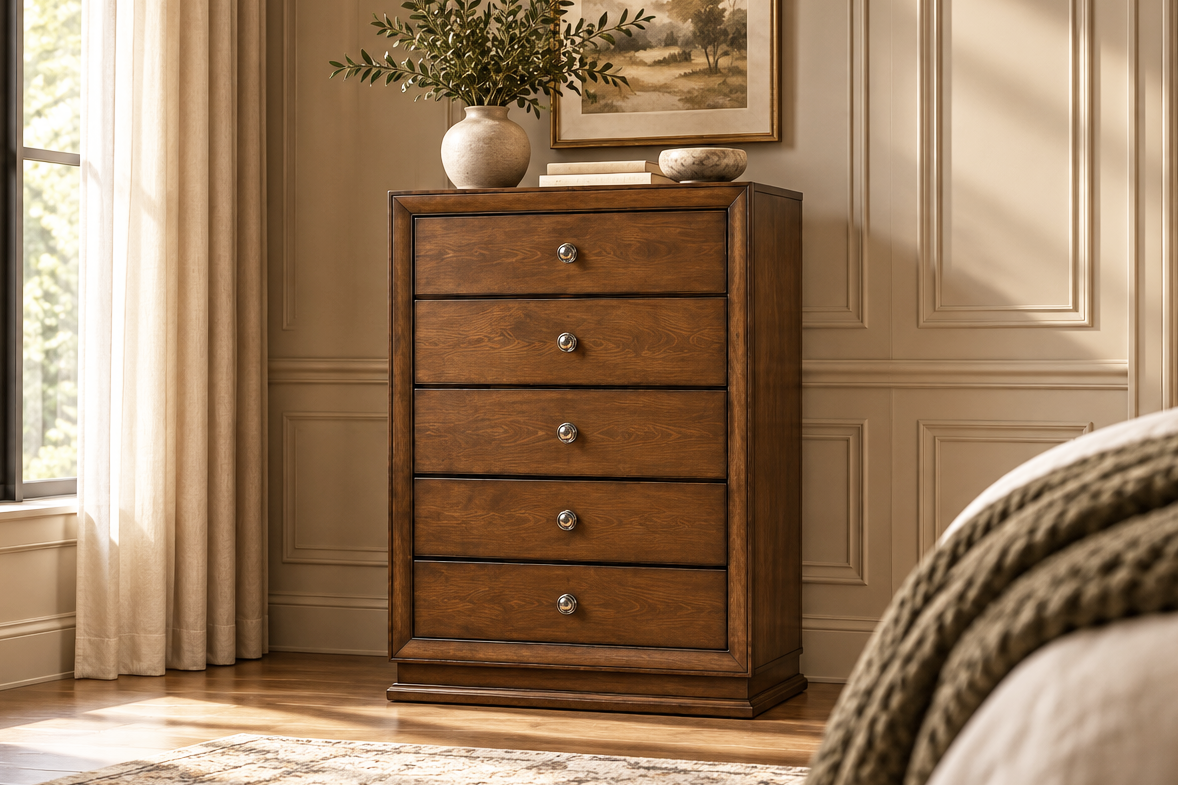 Dark Oak Brown 5-Drawer Chest with Antique Silver Hardware