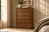 Dark Oak Brown 5-Drawer Chest with Antique Silver Hardware