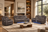 Chocolate Contemporary 3-Piece Power Reclining Living Room Set with Power Headrests, LED Lights & Wireless Charging