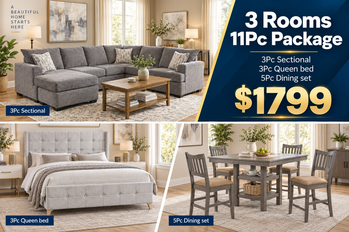 Gray 11-Piece 3-Room Furniture Package with Sectional, Queen Bed & Dining Set