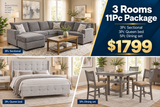 Gray 11-Piece 3-Room Furniture Package with Sectional, Queen Bed & Dining Set