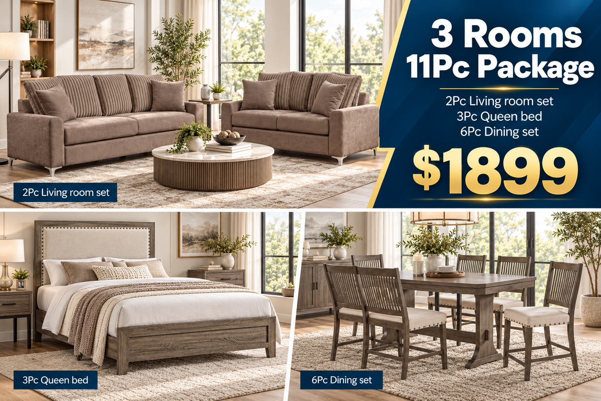 11-Piece 3-Room Furniture Package with Taupe Living Room Set, Queen Bed & 6-Piece Dining Set