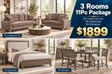 11-Piece 3-Room Furniture Package with Taupe Living Room Set, Queen Bed & 6-Piece Dining Set
