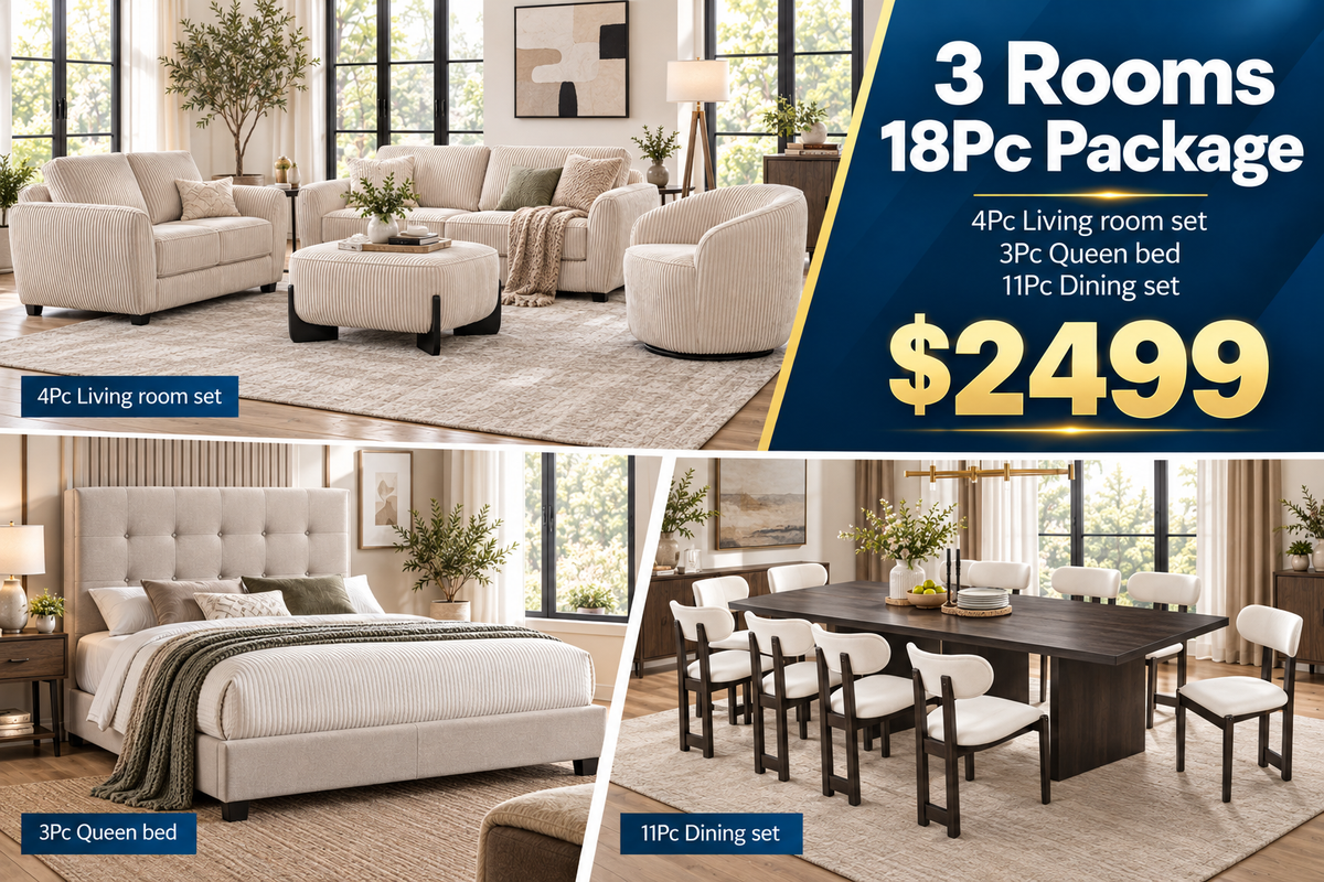 18-Piece 3-Room Furniture Package with 4-Piece Living Room Set, Queen Bed & 11-Piece Dining Set