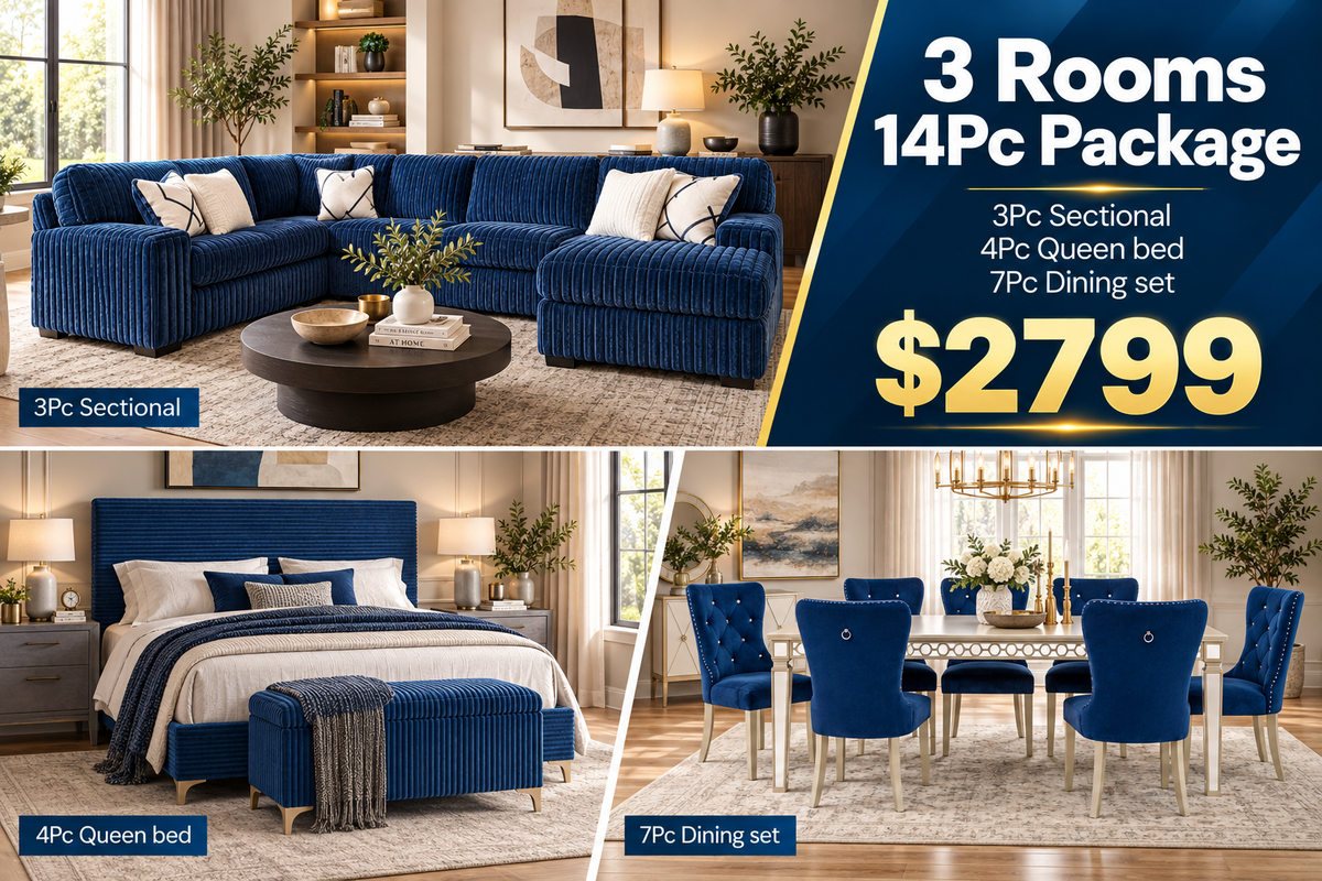 Navy Blue 14-Piece 3-Room Furniture Package with Sectional, Queen Bed & 7-Piece Dining Set
