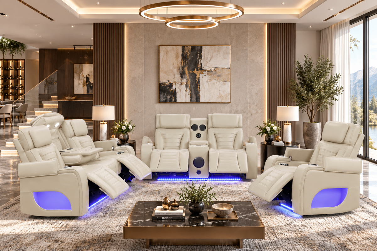 Elite Beige 3-Piece Power Reclining Living Room Set with Adjustable Headrests, LED Lights & Bluetooth