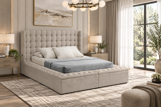 Beige Bouclé Tufted Upholstered Storage Bed with USB