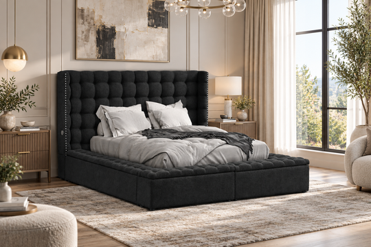 Black Bouclé Tufted Upholstered Storage Bed with USB