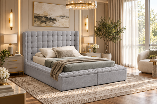 Grey Bouclé Tufted Upholstered Storage Bed with USB
