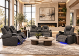 Gray 3-Piece Power Reclining Living Room Set with Power Headrests, LED Lights & Speakers