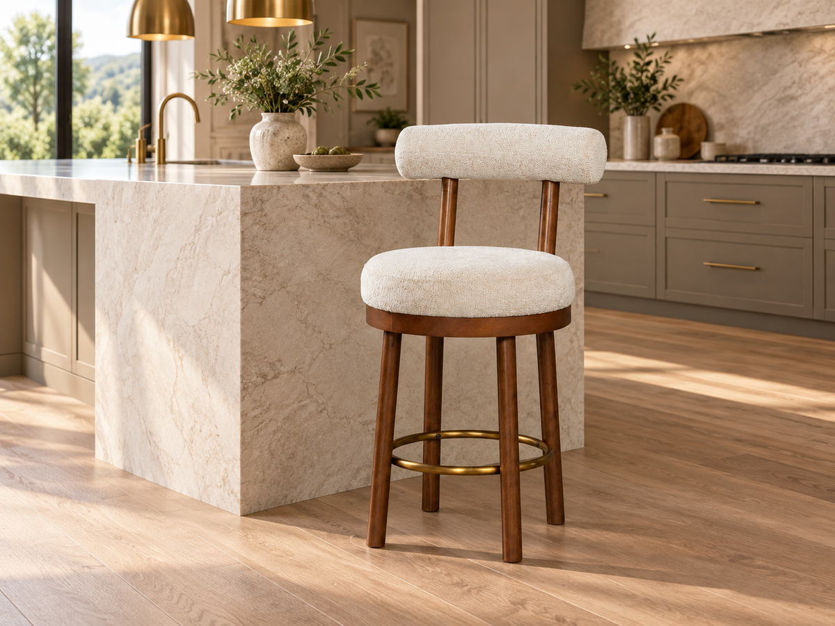 Cream Bouclé Upholstered Wood Bar Stool with Gold-Tone Footrest