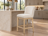 Beige Bouclé Bar Stool with Back and Wood Frame