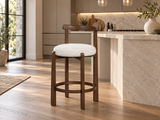 Cream Bouclé Upholstered Bar Stool with Brown Wood Frame