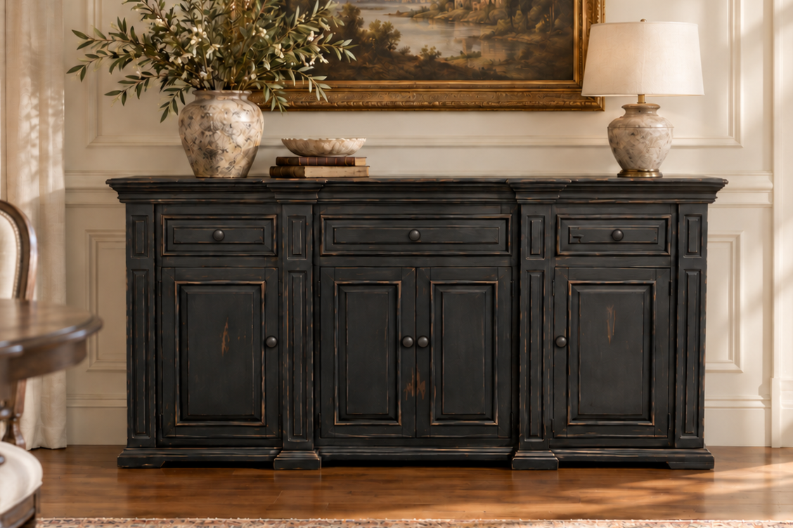 80-Inch Distressed Dark Cherry Sideboard Buffet with 3 Drawers